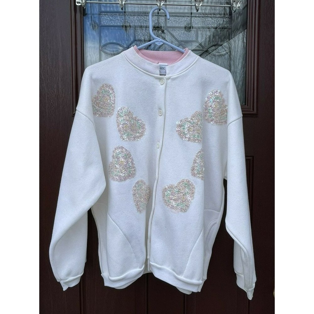 Vtg Valentine Hearts Beaded Granny Sweatshirt Cardigan Sunschein Artisans XL